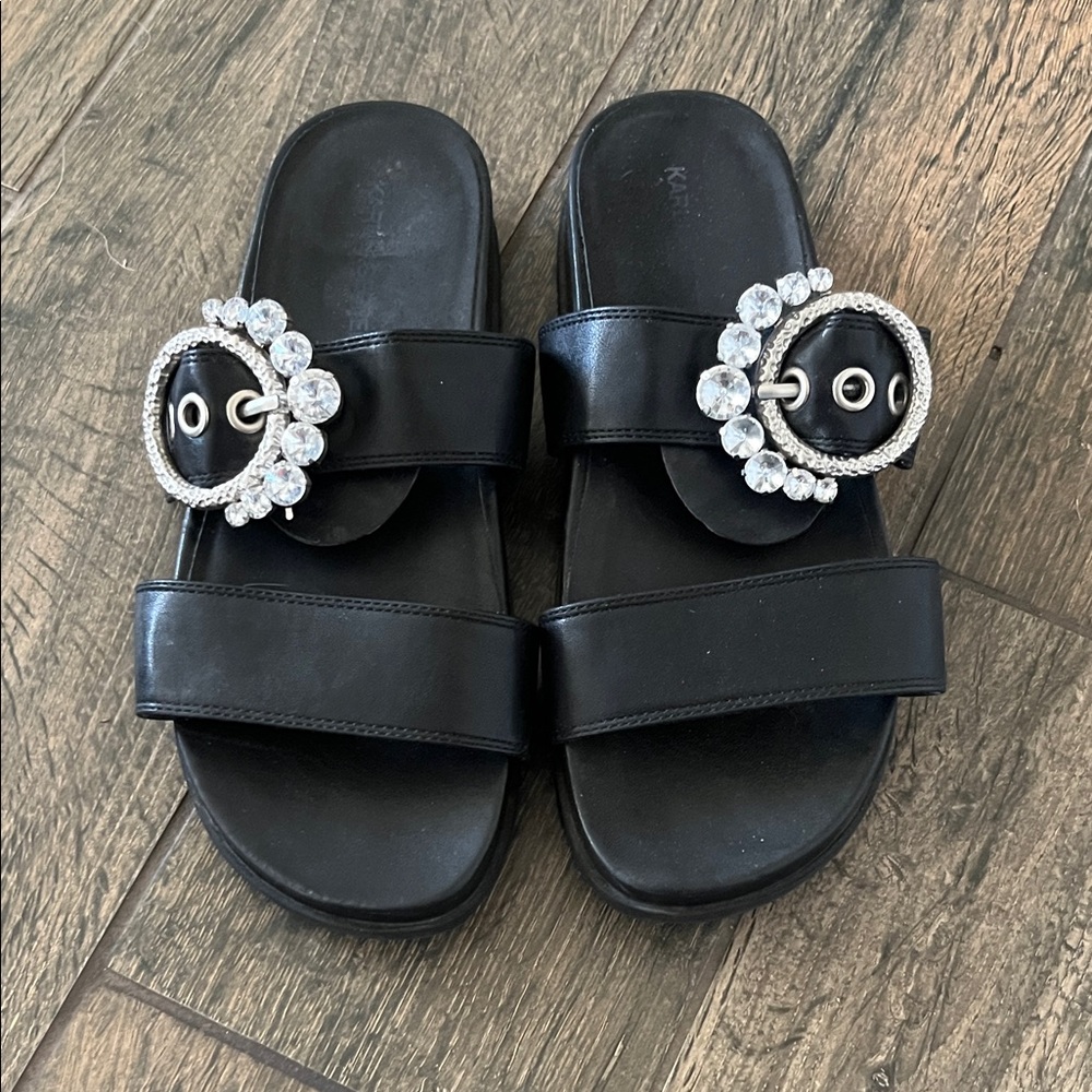 Elegant Black Slide Sandals with Crystal Embellishments